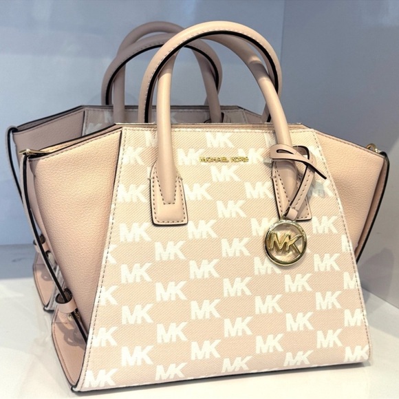 Michael Kors Avril Small Signature Logo Jacquard Satchel Bag Powder Blush - Picture 1 of 10